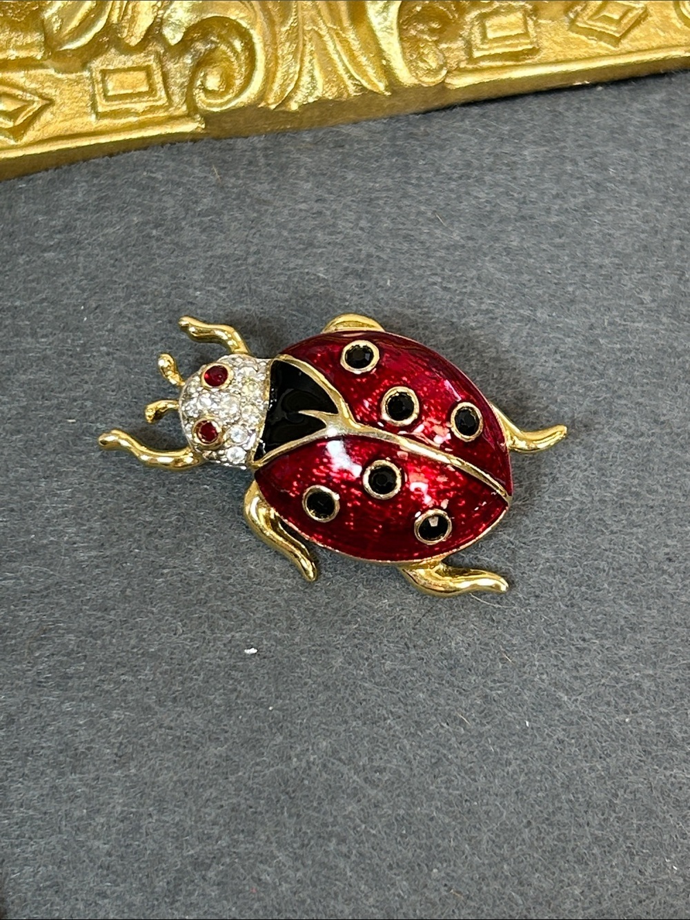 Red Enamel & Crystal Ladybug Pin Brooch